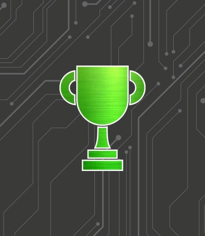 Fundo cinza com ícone verde de troféu.
