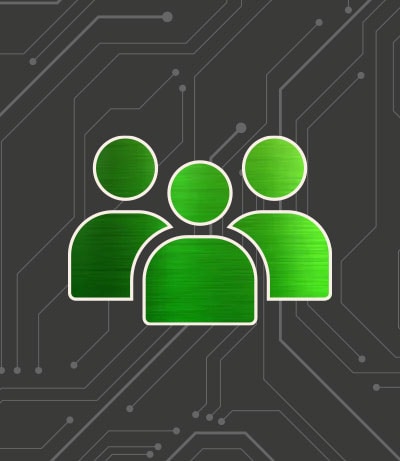Fundo cinza com ícone verde de 3 pessoas.