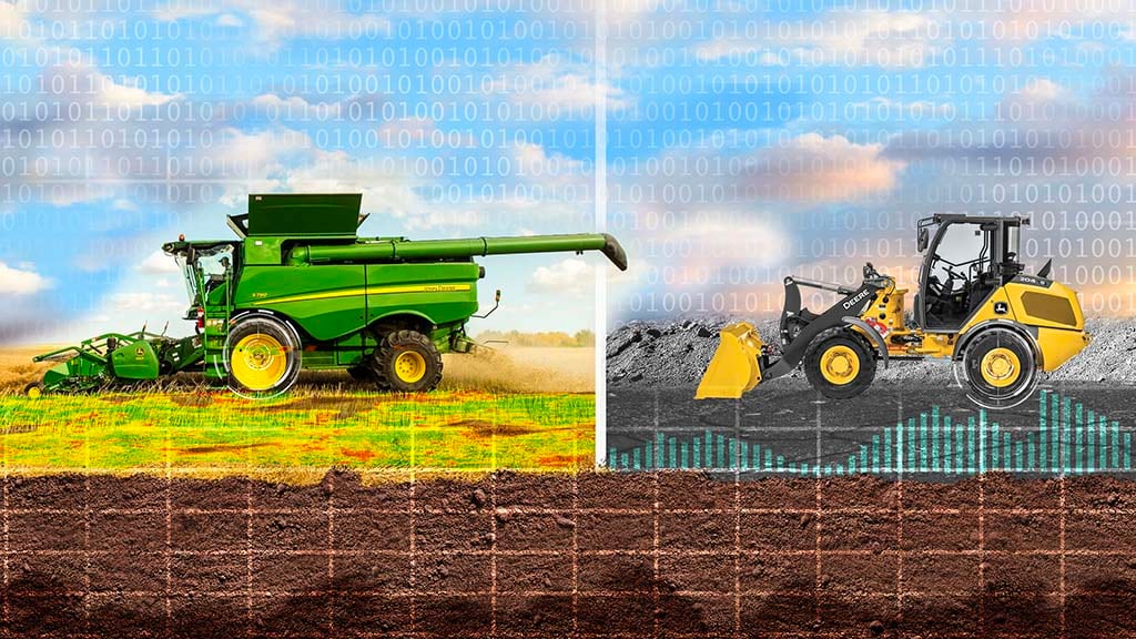 Imagem digitalizada de uma colheitadeira e de uma pá-carregadeira com rodas com sobreposição de dados
