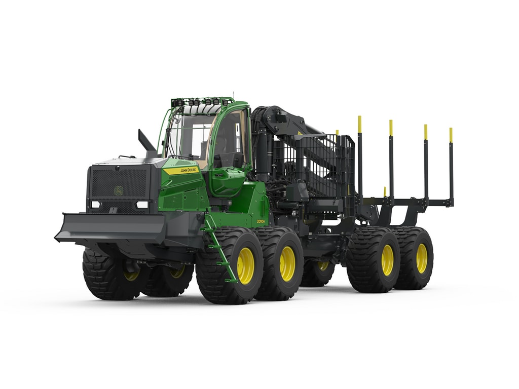 Vista frontal esquerda do Forwarder 2010H da John Deere sobre um fundo branco.