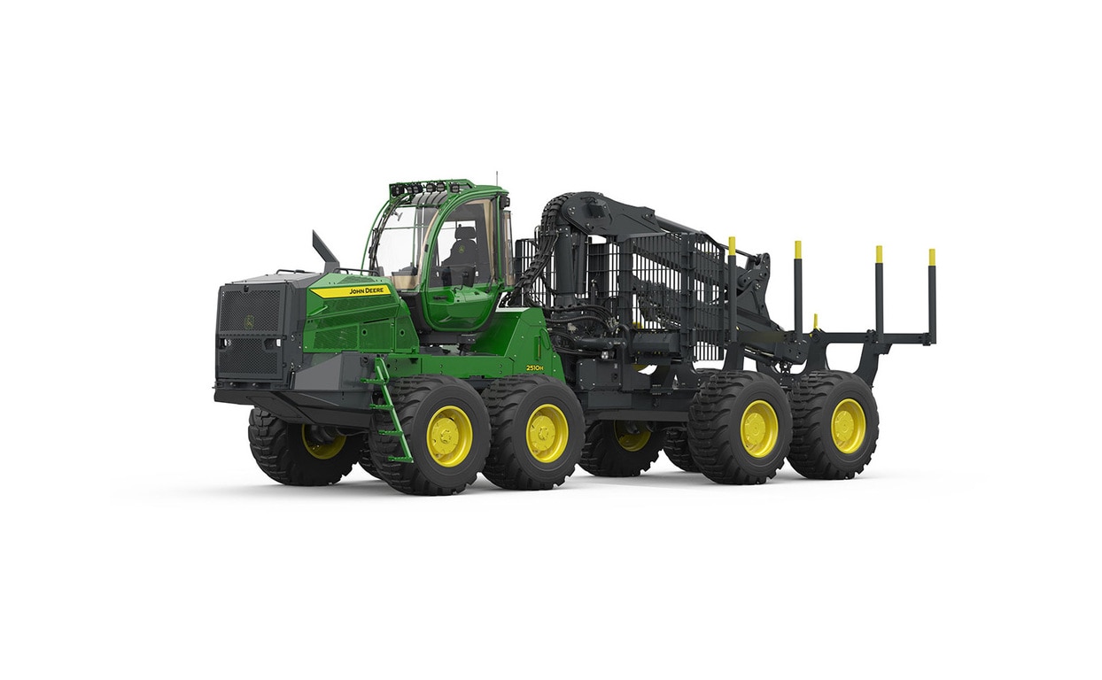 Vista frontal esquerda do Forwarder 2510H da John Deere sobre um fundo branco.