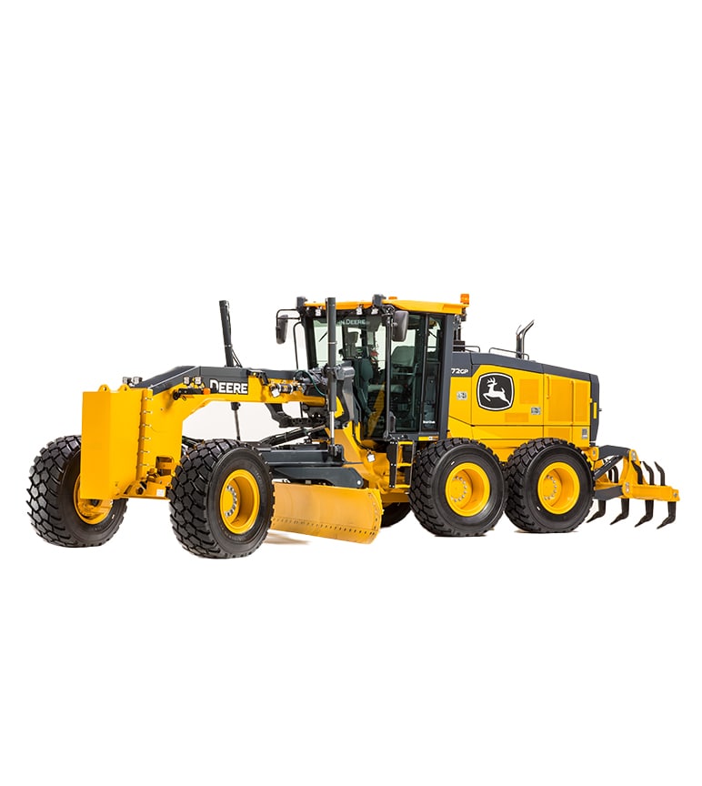Motoniveladora amarela John Deere com pneus grandes e uma lâmina dianteira, mostrada em um fundo branco.