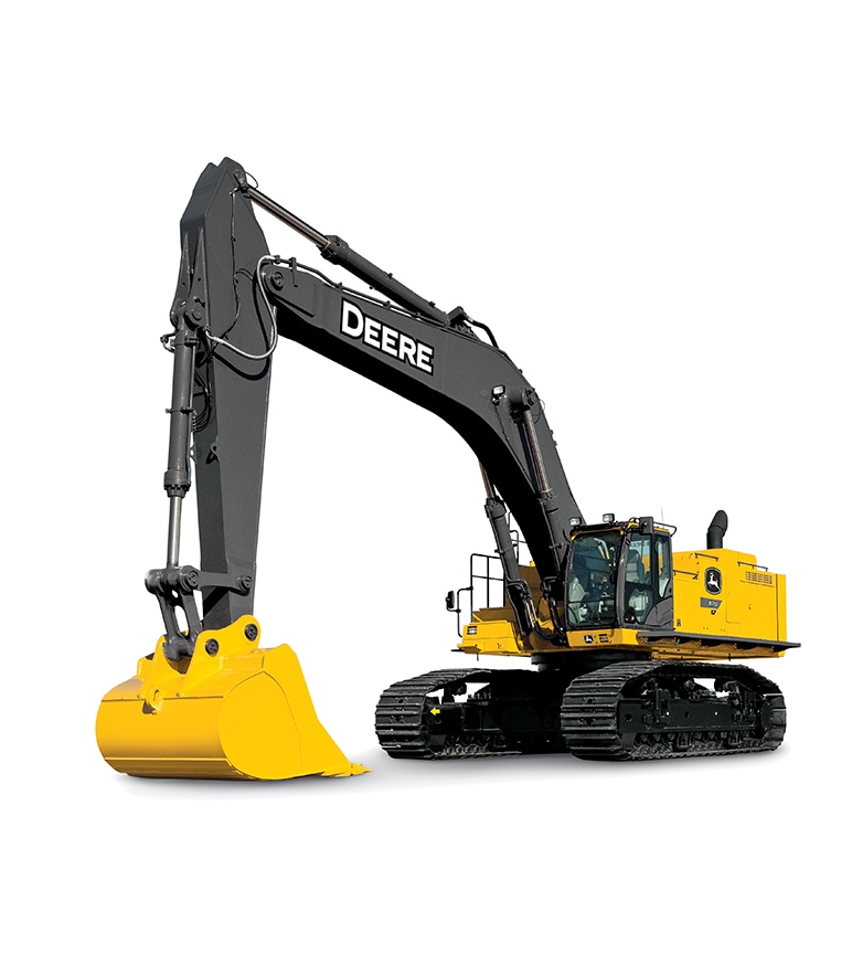 Escavadeira amarela e preta com "DEERE" no braço, com uma caçamba grande e esteiras.
