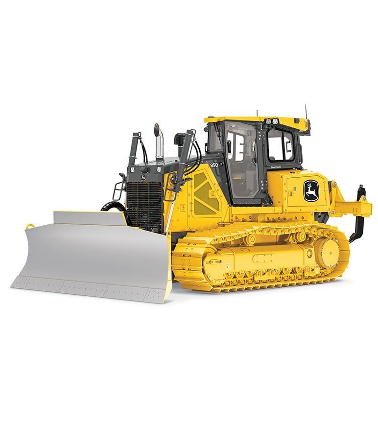 Bulldozer amarelo com uma lâmina dianteira grande e esteiras da lagarta, visto do lado dianteiro esquerdo.