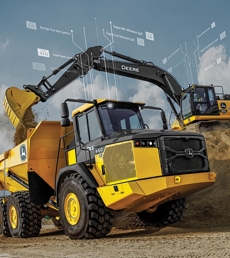 Escavadeira da Deere despejando terra em um caminhão basculante da Deere
