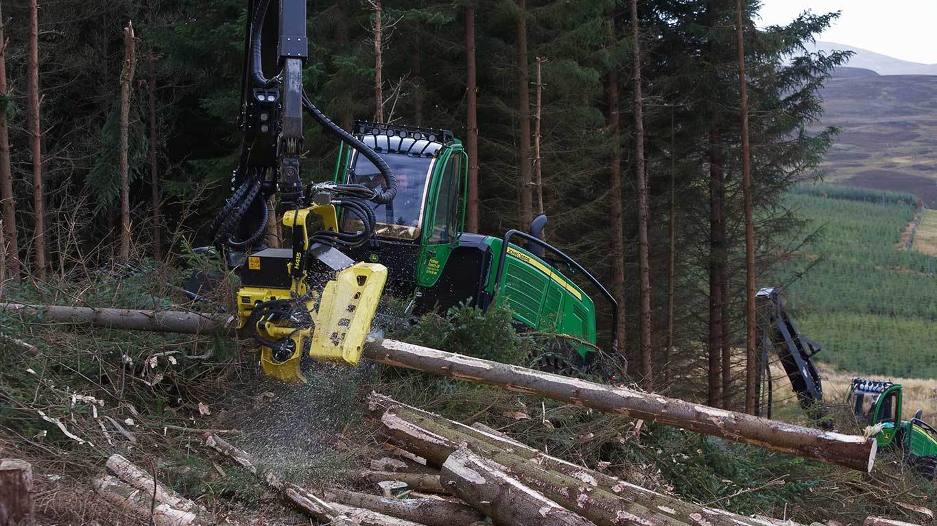 Harvester de pneus 1270G cortando um tronco de árvore em uma floresta.