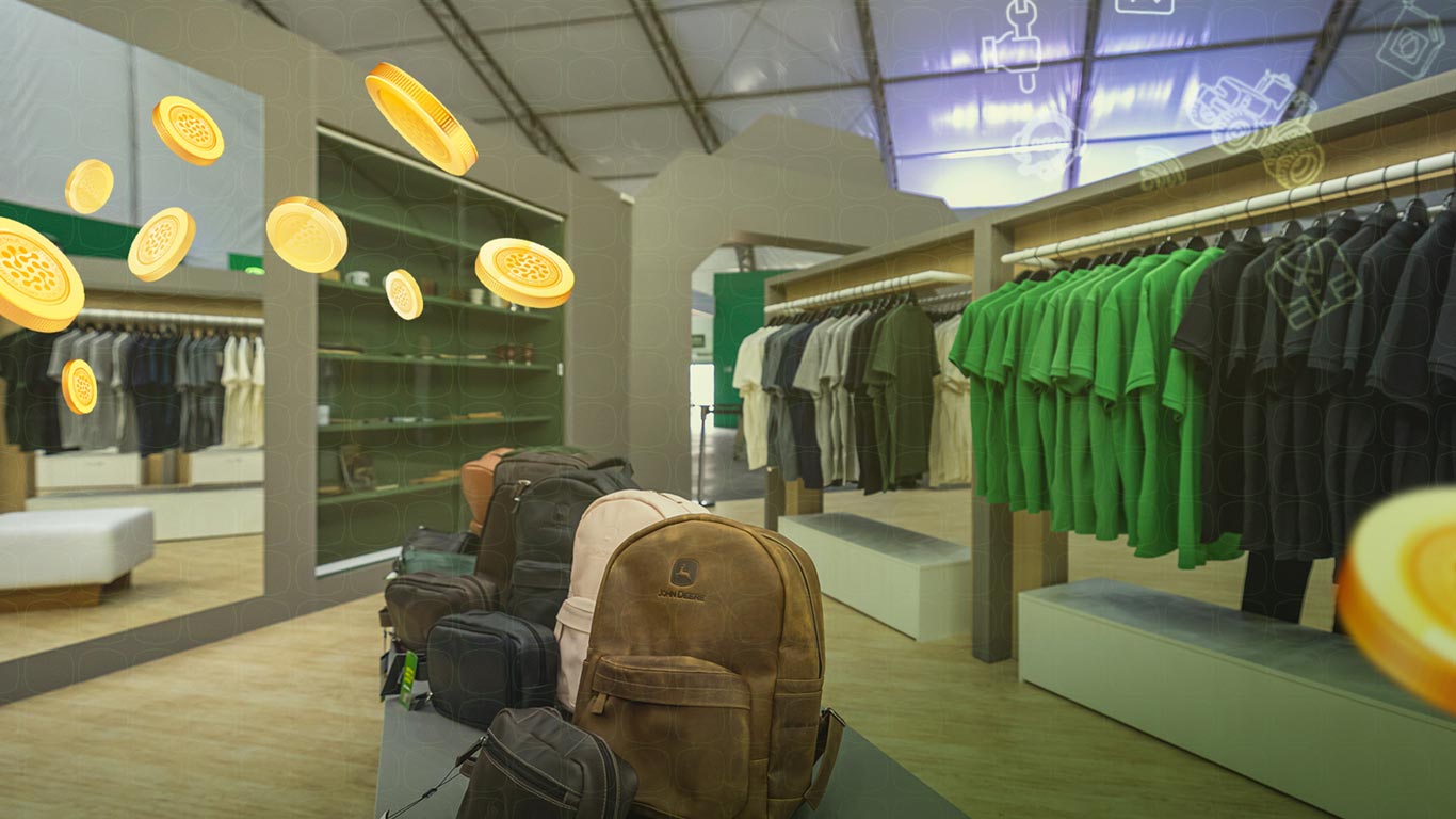 Interior da John Deere Store com as moedas do John Deere Fidelidade.