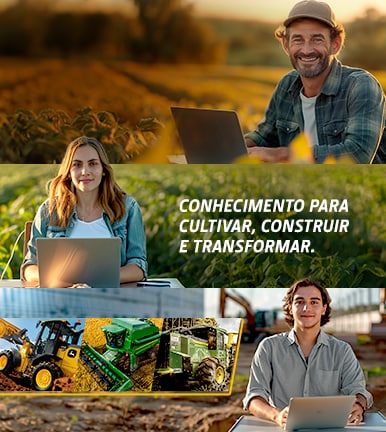 3 faixas: em cima um homem velho, no meio uma mulher, texto "Conhecimento para cultivar, construir e transformar", na última um homem jovem