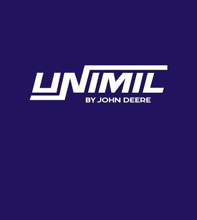 Logotipo oficial da nova marca Unimil da John Deere com letras brancas e fundo azul