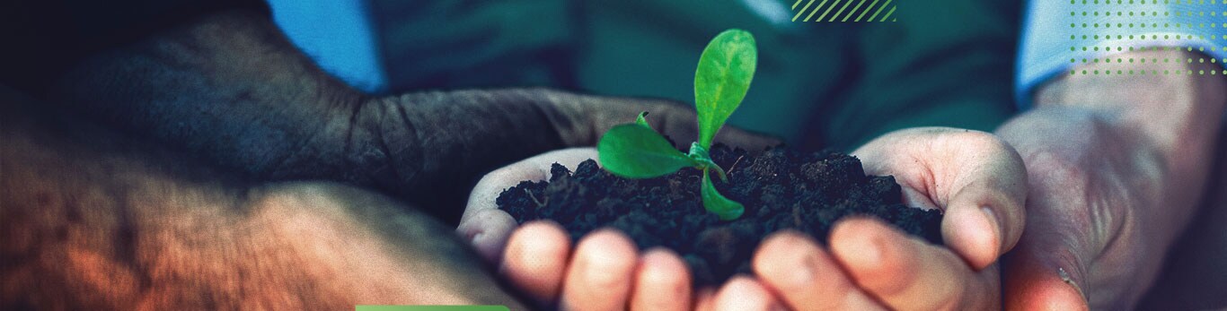 Um homem segura cuidadosamente, com a ajuda de outra pessoa, um punhado de terra em que floresce uma planta. Na imagem, o seguinte texto: Viver em conexão é preciso, evoluir é inspirador; trabalhamos para que a vida possa avançar.
