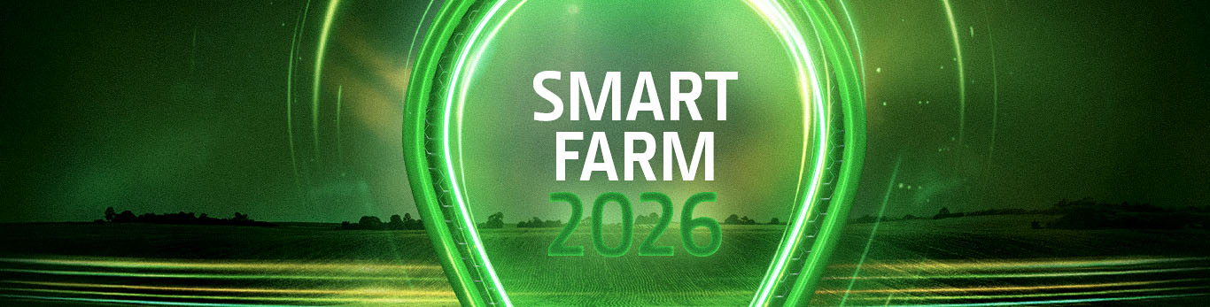Fundo verde com o logo da campanha Smart Farm, com os dizeres "Smart Farm 2026"