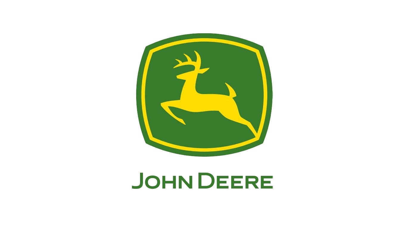 green and yellow corporate logo of john deere on a white background