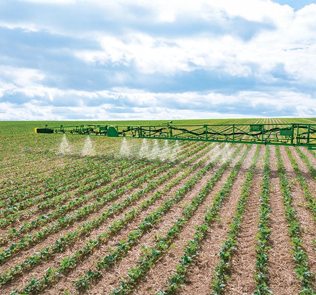 Pulverizador John Deere demonstrando o See & Spray Select em Pós Emergência.