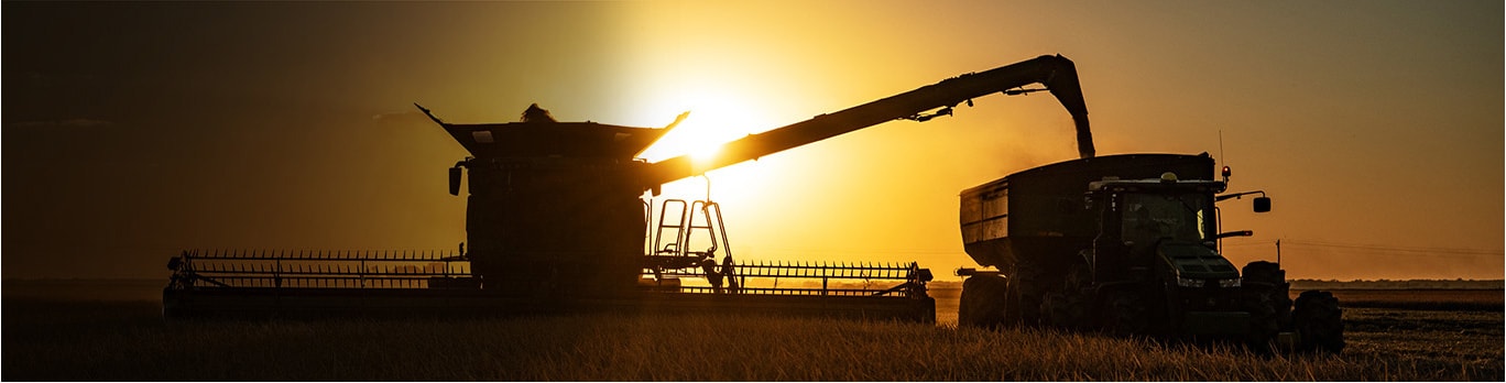 Colheitadeira John Deere no campo ao entardecer.