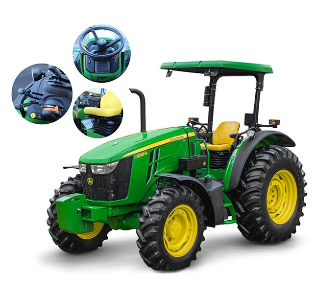 Detalhes da cabine ao lado de um trator 5M no fundo branco.